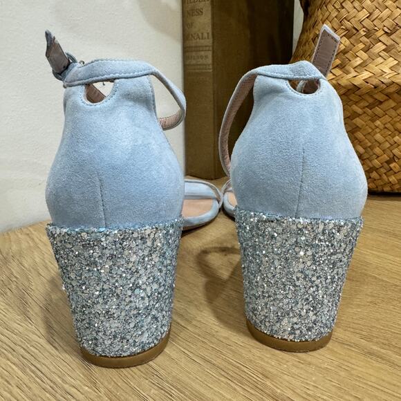 STUART WEITZMAN Nudist Block Sandals Size 9 Light Blue Suede Glitter Heels - Picture 6 of 9